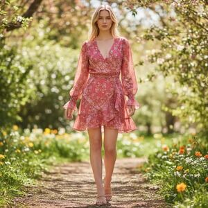 LC Lauren Conrad Mini Dress Womens S Red Pink Floral Wrap Feminine Whimsical